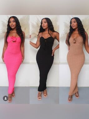 Set of 3-Spaghetti Strap Textured Bodycon Maxi Dress - Black, Pink & Brown
